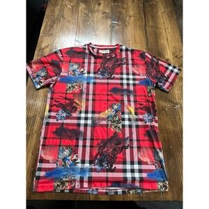Burberry London Mens Red Plaid Equestrian Knight Graphic T-Shirt XL Made in UK
